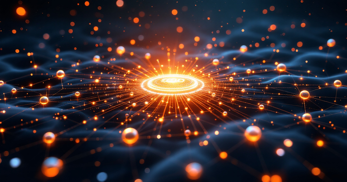 Glowing central hub connected to many smaller nodes symbolizing SEO topic cluster strategy