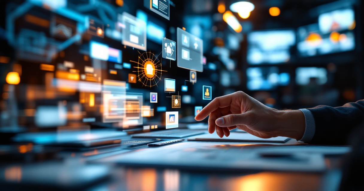 Human strategist guiding AI-assisted content workflow in a modern digital workspace