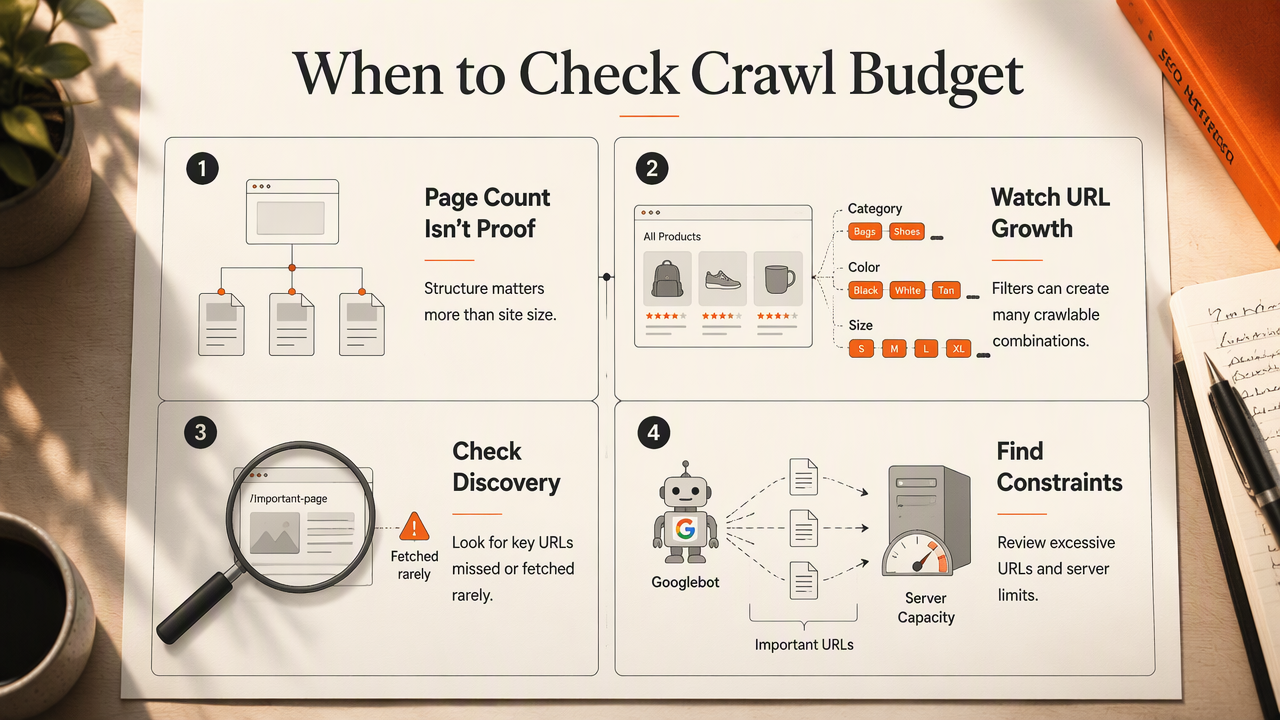 Infographic showing when small websites should investigate crawl budget, URL growth, discovery, and server constraints.