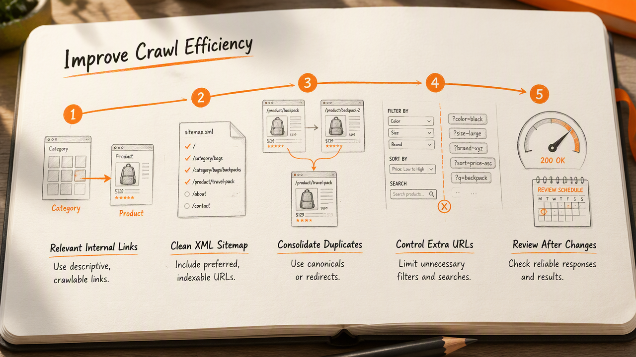 Annotated crawl-efficiency route showing internal links, clean XML sitemaps, duplicate consolidation, URL controls, and review.