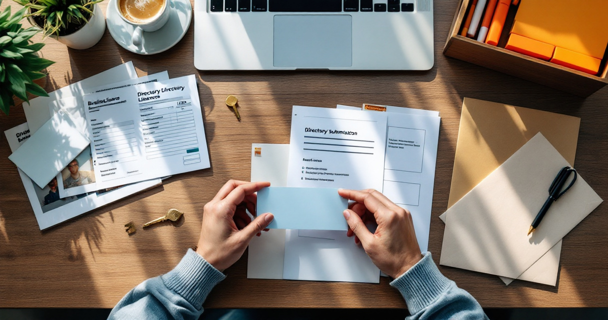 Hands verifying business details before safely submitting directory listings