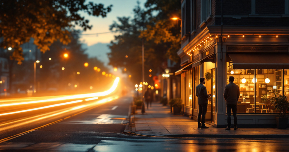 Small local shop with nearby customers while distant glowing digital traffic symbolizes optional need for heavy SEO