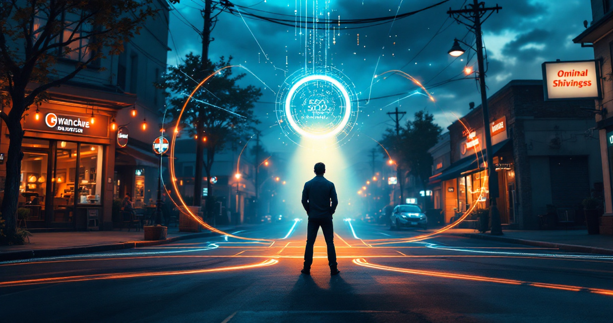 Small business street scene with glowing discovery pathways highlighting visibility and customer traffic opportunities