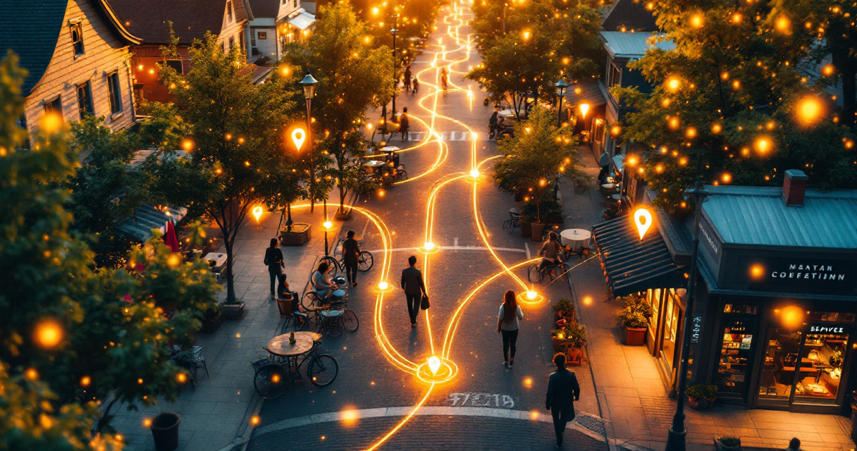 Neighborhood businesses connected by glowing local discovery signals guiding nearby customers to storefronts