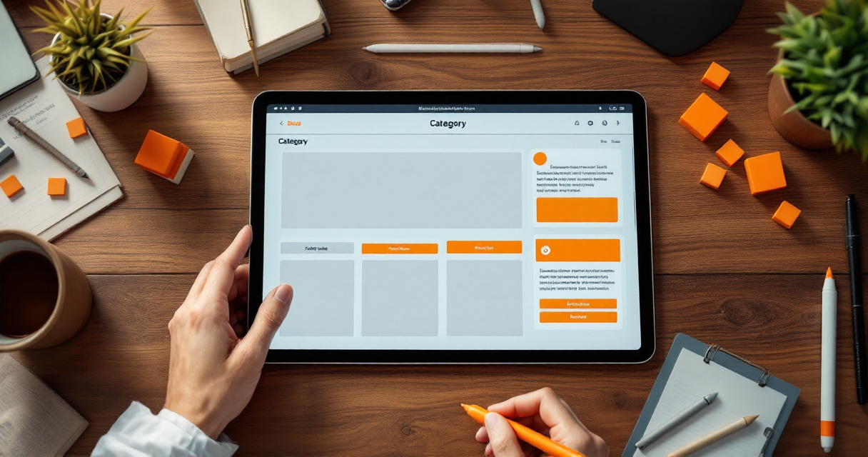 Overhead ecommerce category page wireframe showing filters, product cards, and navigation structure