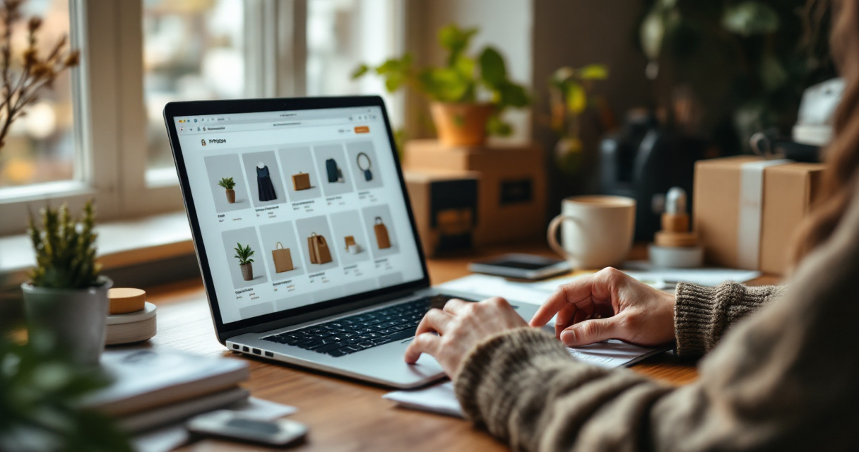 Shop owner organizing product samples and online store layout for buyer-focused product and category pages