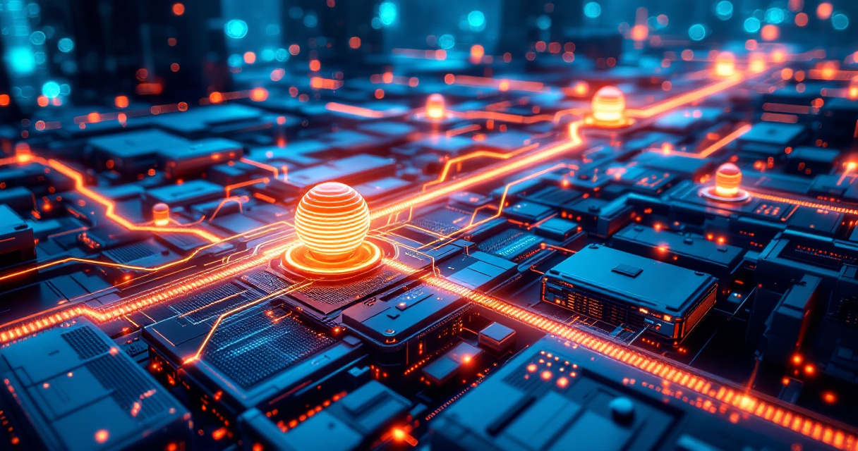Futuristic server network with crawling robots and orange data paths symbolizing technical SEO infrastructure