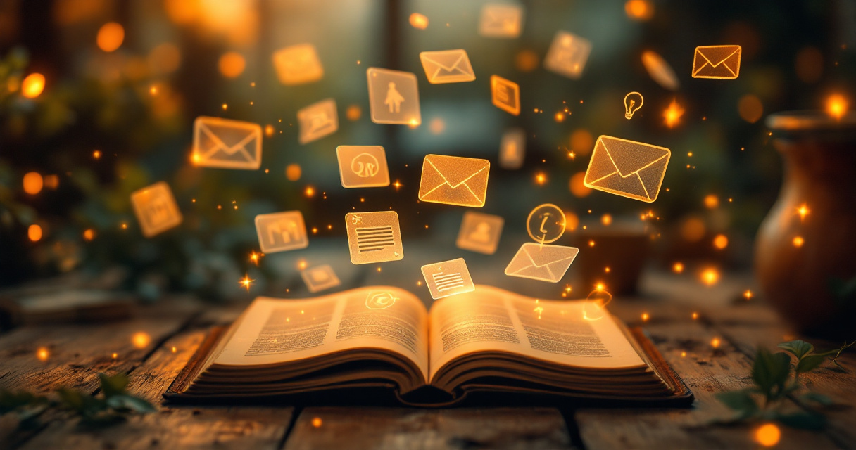 Creative content strategy concept showing diverse content elements floating around central storytelling journal