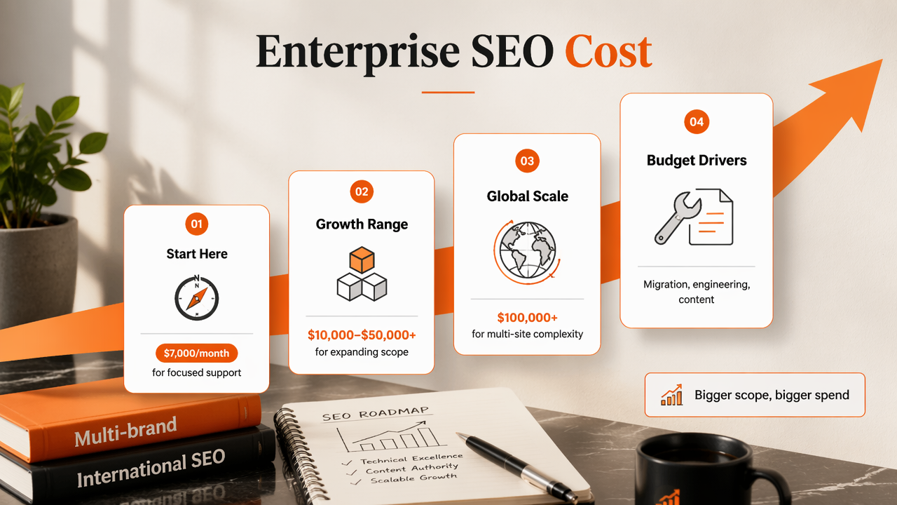 Editorial infographic showing enterprise SEO cost ranges from $7,000 to $100,000+ per month.