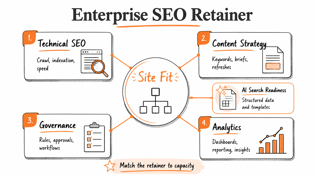 Annotated diagram of an enterprise SEO retainer covering technical SEO, content strategy, governance, analytics, and AI readiness.