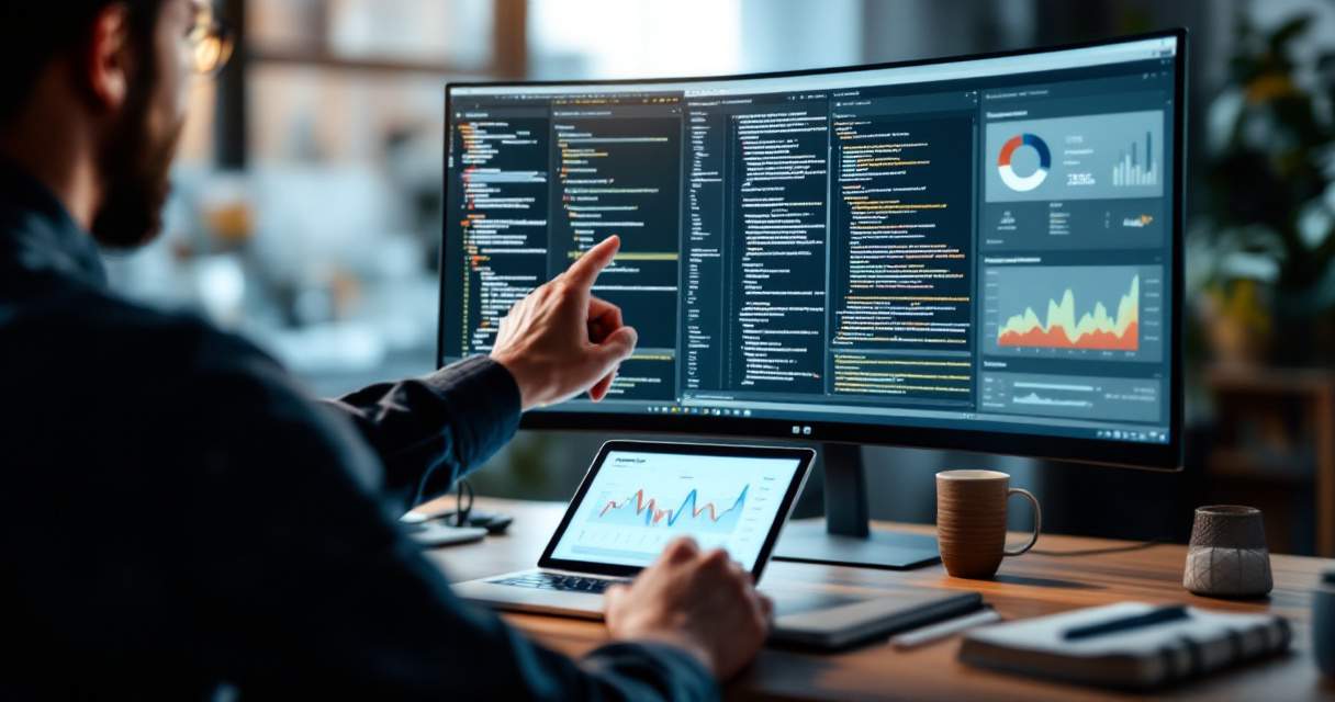 Developer and SEO analyst reviewing FAQ schema implementation and monitoring in a modern office