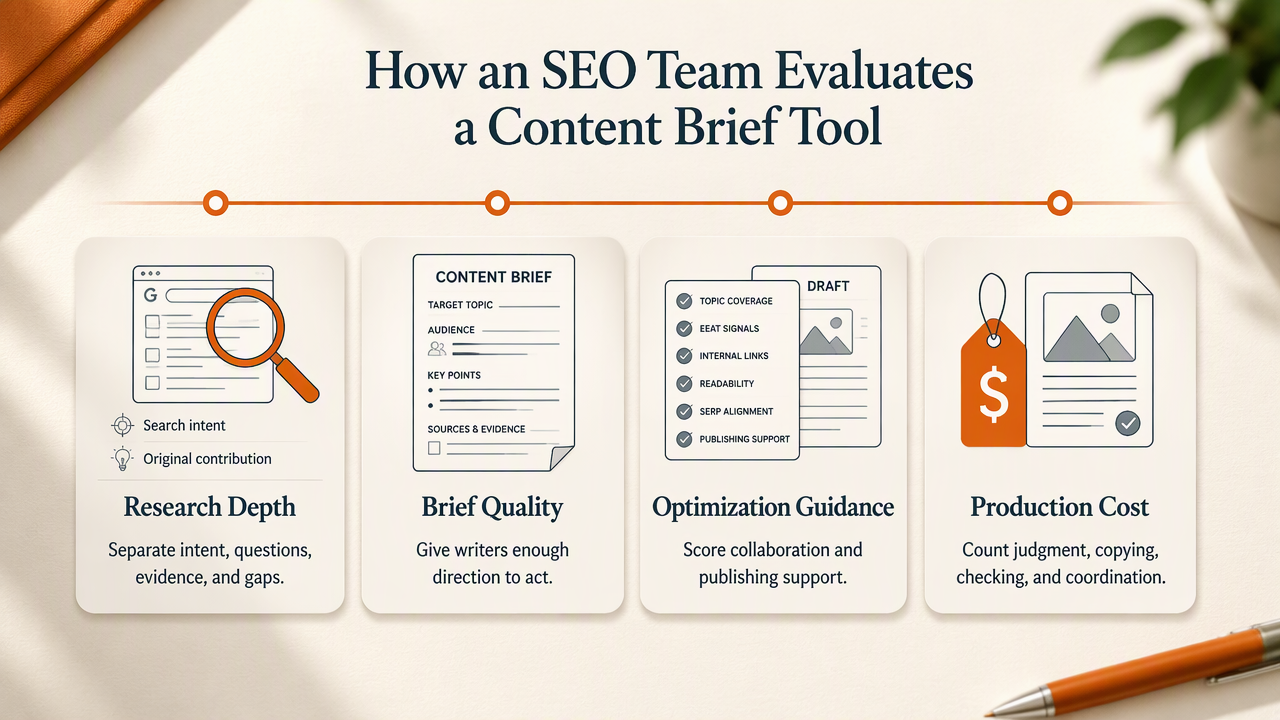 Four-part SEO content tool evaluation diagram showing research, brief quality, optimization, workflow support, and production cost.