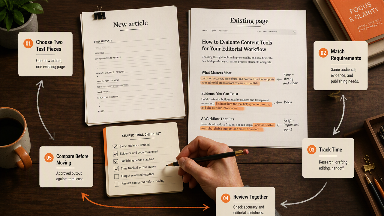 Annotated SEO software trial showing a new article, existing page, shared checklist, time tracking, and cost comparison.