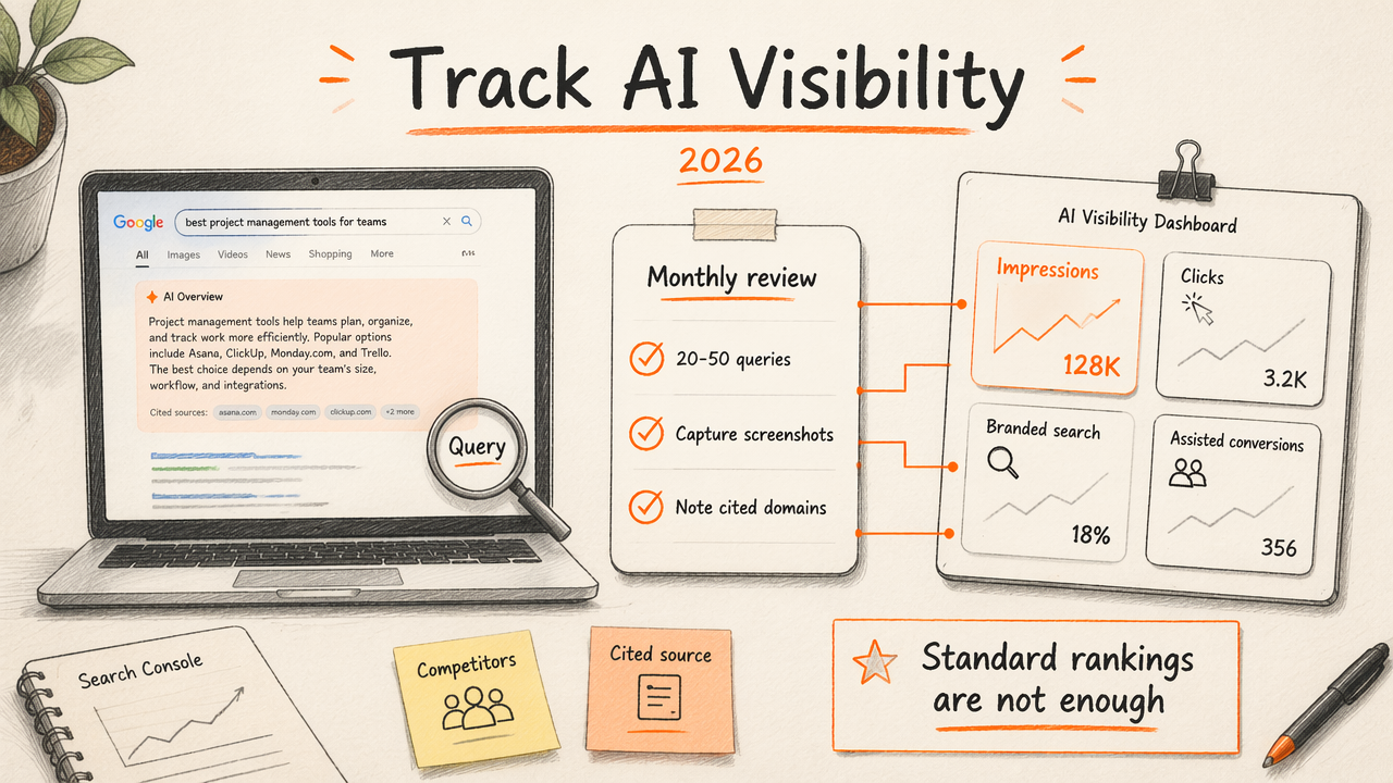 Annotated tracking dashboard for monitoring AI Overview citations, screenshots, and search metrics.