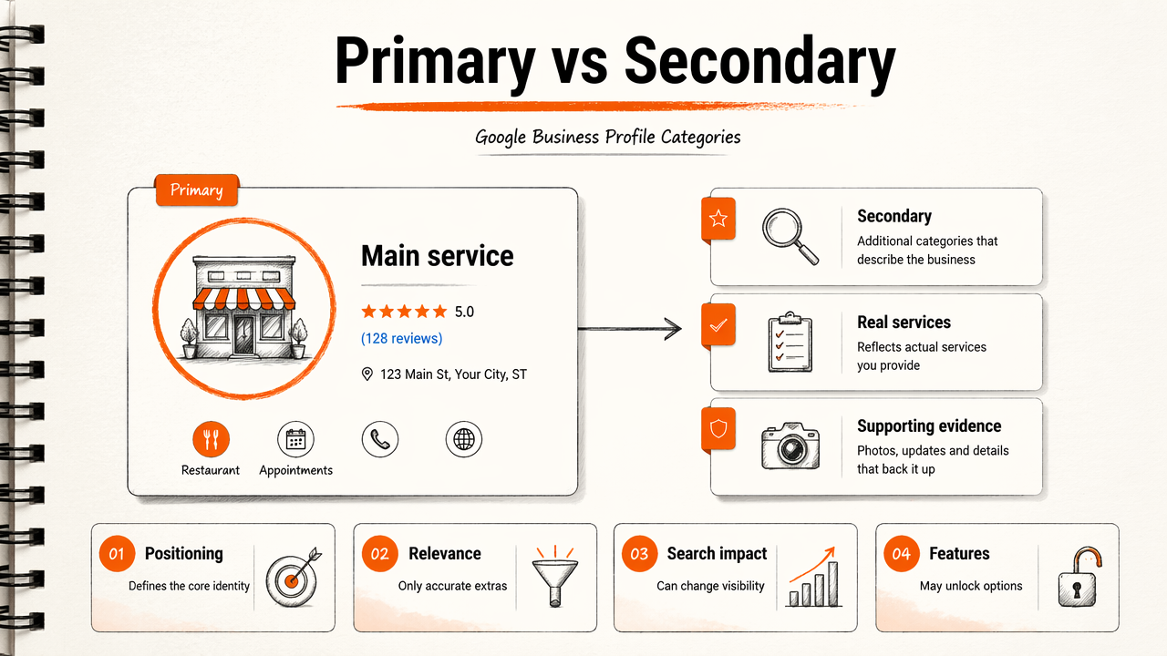 Infographic showing primary and secondary GBP categories, their role, search impact, and features.