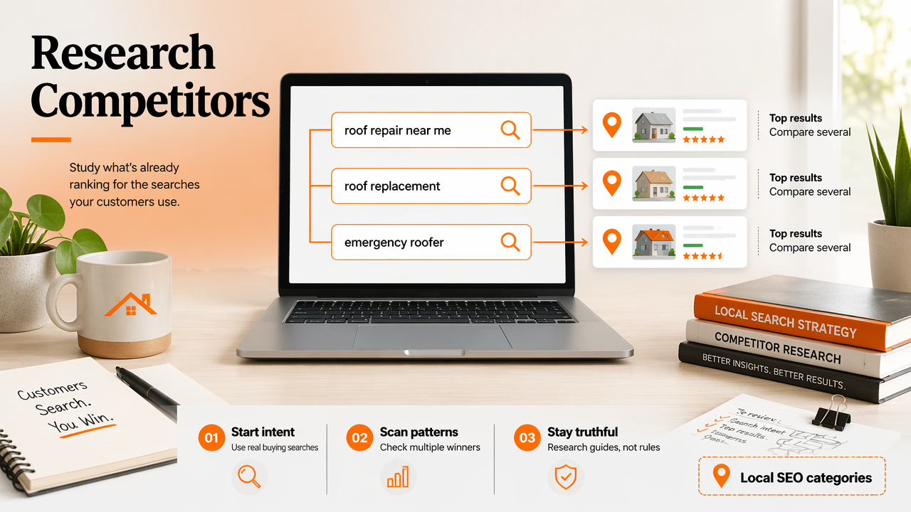 Workflow diagram for researching competitor categories using local intent searches and multiple top results.