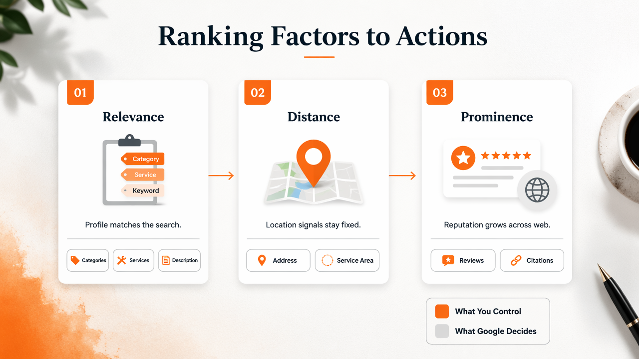 Infographic showing relevance, distance, and prominence mapped to local SEO actions.