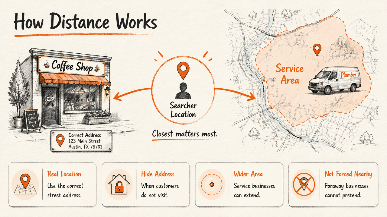Annotated local map diagram explaining how business location and service area affect distance.