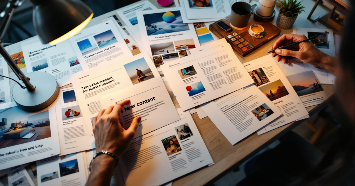 Top-down scene of thin repetitive website content being reviewed for quality issues