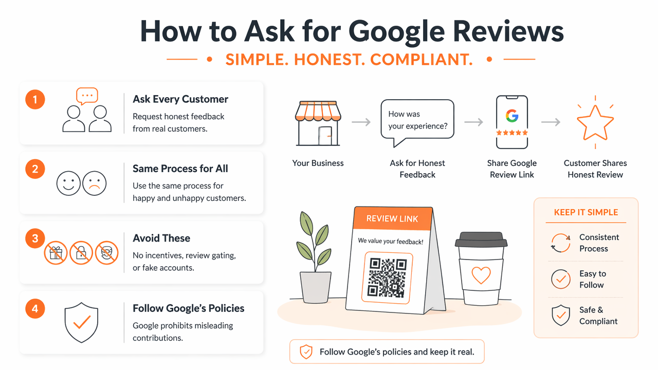 Illustration for How should businesses ask for Google reviews safely?