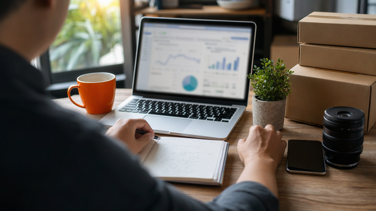 Over-the-shoulder desk scene showing a new business website struggling to gain traction