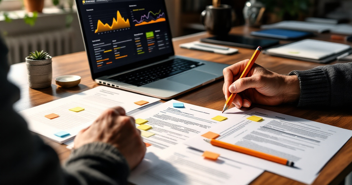 Over-the-shoulder desk scene showing four article audit paths with analytics visuals and orange pencil accent