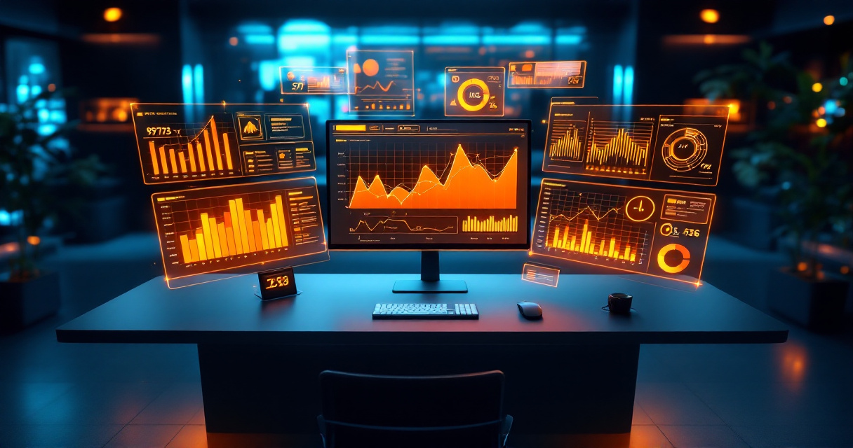 Modern analytics dashboard workspace with glowing orange data visualizations representing Google Search Console navigation interface