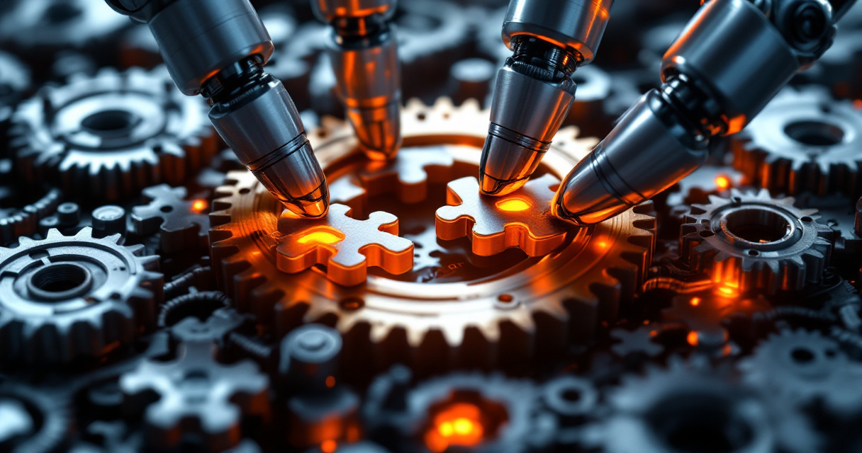 Mechanical gears and puzzle pieces being assembled representing website indexing problem troubleshooting and repair solutions