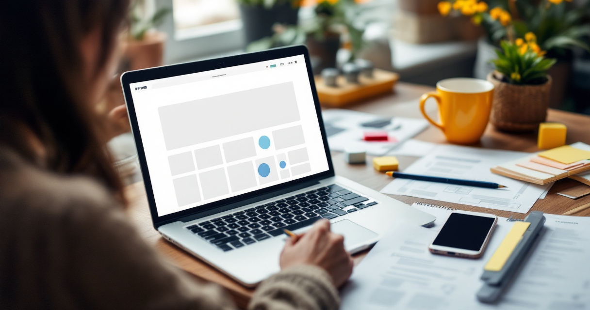 Homepage SEO planning scene with wireframes, laptop mockup, and internal linking layout