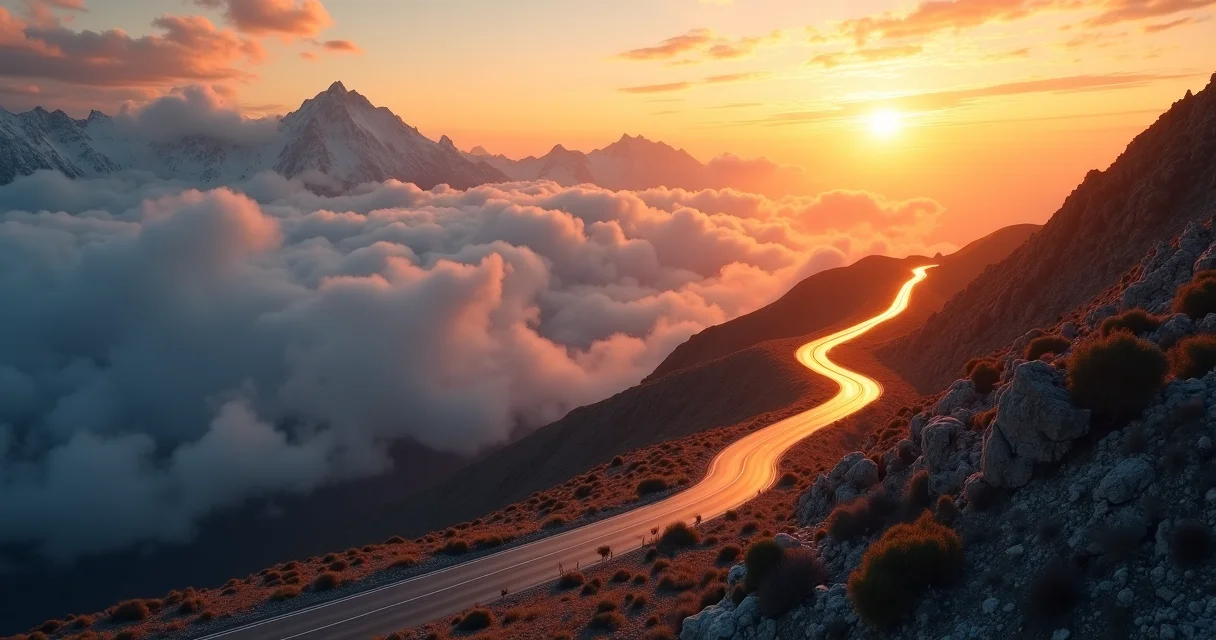 Winding mountain road with mile markers showing progressive journey toward illuminated summit representing SEO timeline milestones