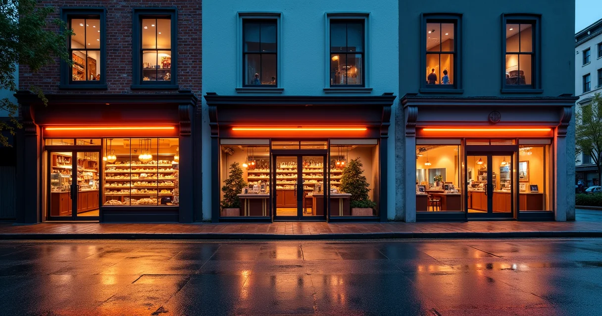Three different business storefronts with varying shadow lengths representing diverse SEO timeline expectations by industry