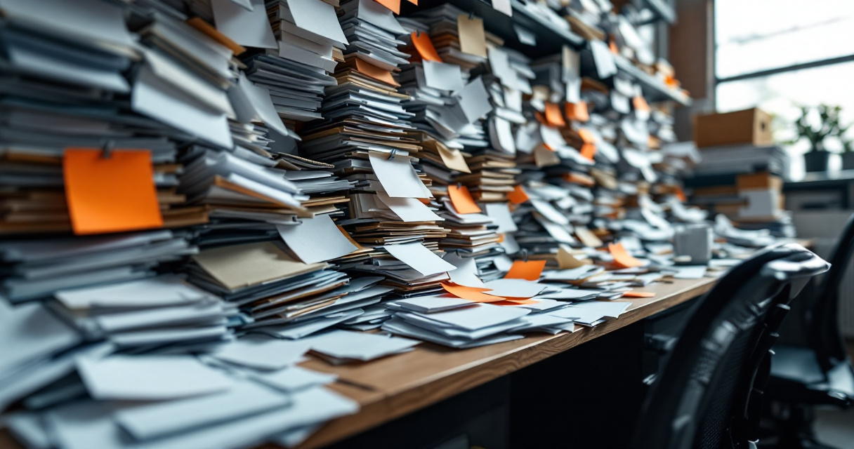 Overcrowded desk with repetitive page mockups illustrating too many low-value SEO pages