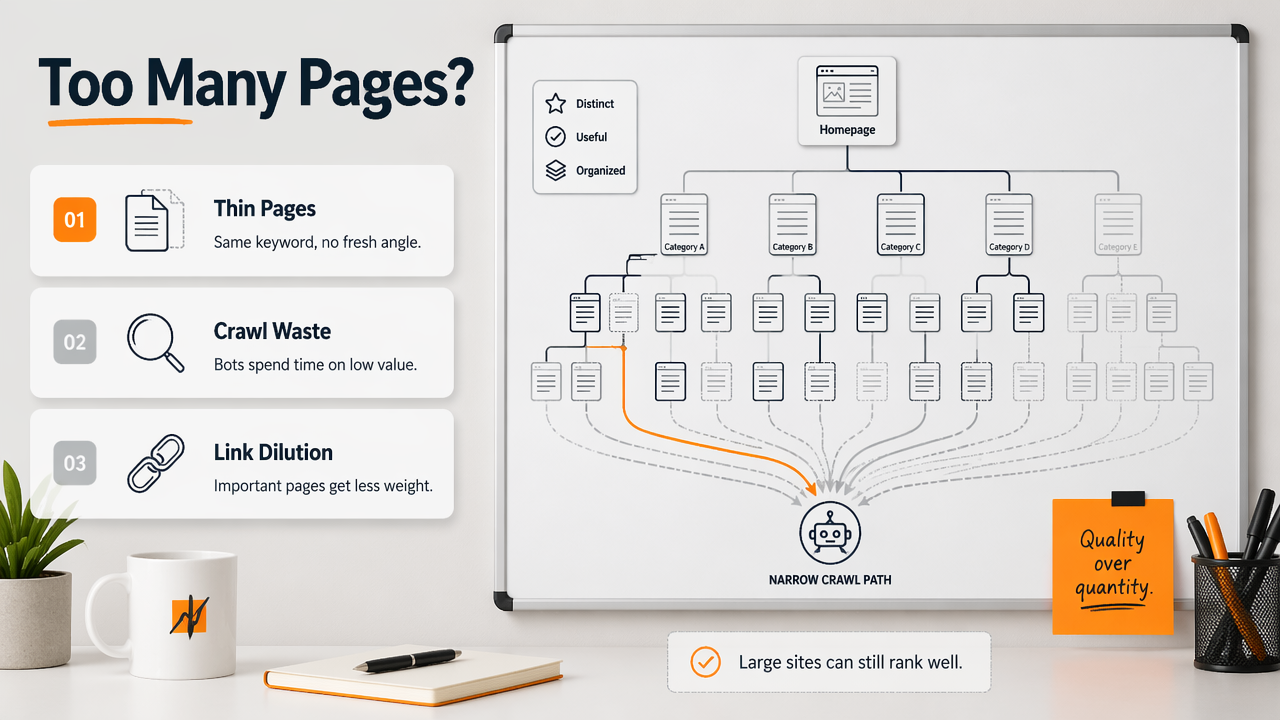 Annotated SEO diagram showing how too many thin pages can waste crawl and dilute links.