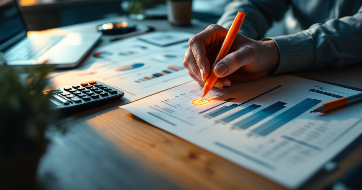 Startup founder analyzing SEO agency pricing documents on desk with orange accent lighting representing budget planning decisions