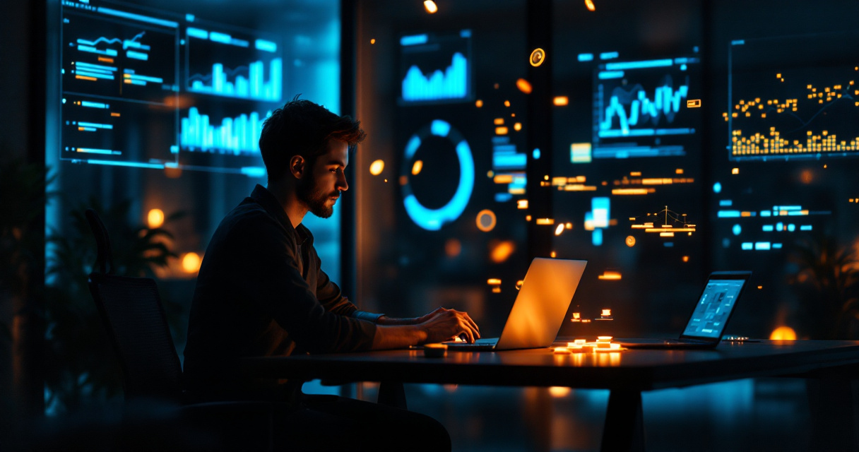 Startup founder analyzing SEO investment options with glowing analytics and symbolic balance of cost and growth