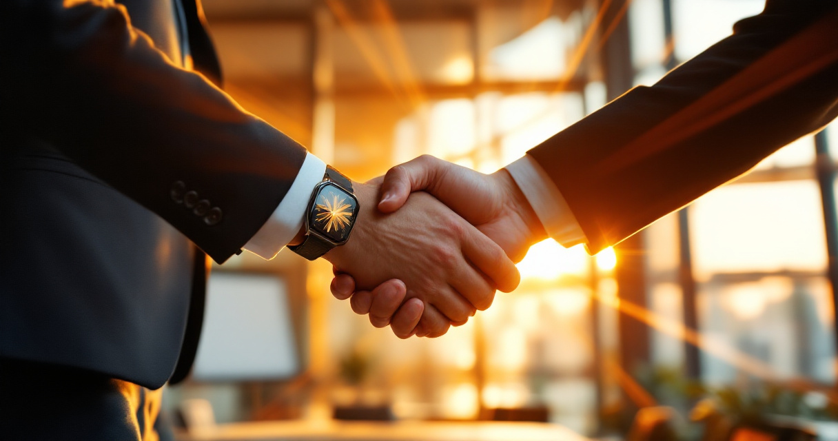 Business handshake in modern conference room with orange light beams symbolizing successful SEO agency partnership formation
