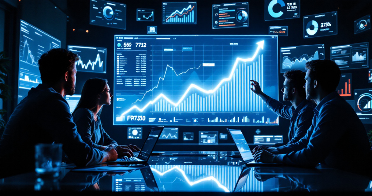 Marketing team analyzing SEO growth dashboards and upward performance metrics in modern analytics workspace