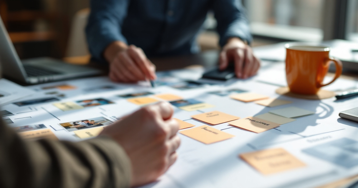 Hands mapping a comparison page structure with cards, photos, and an orange mug on desk