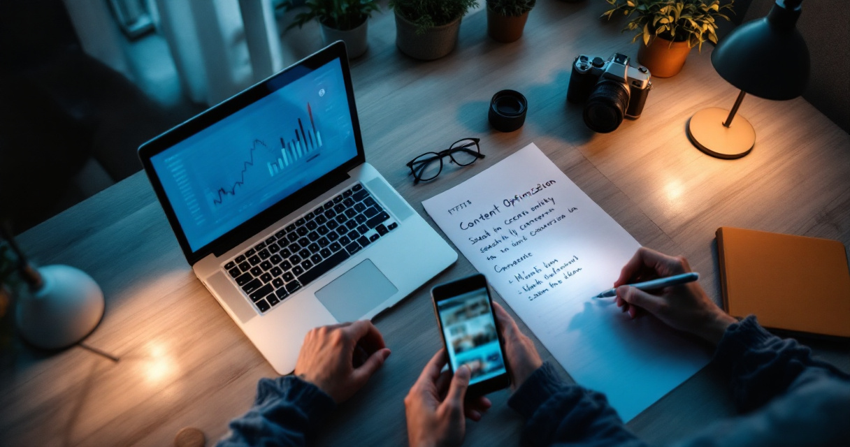 Post-draft SEO optimization workspace with laptop, printout review, and orange notebook