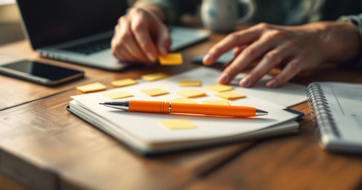 Over-the-shoulder keyword brainstorming workspace with clustered notes, laptop, and orange pen