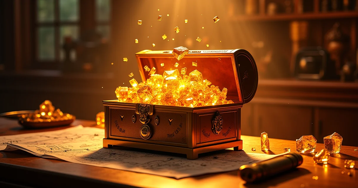 Treasure chest filled with valuable golden assets representing linkable content resources for new websites