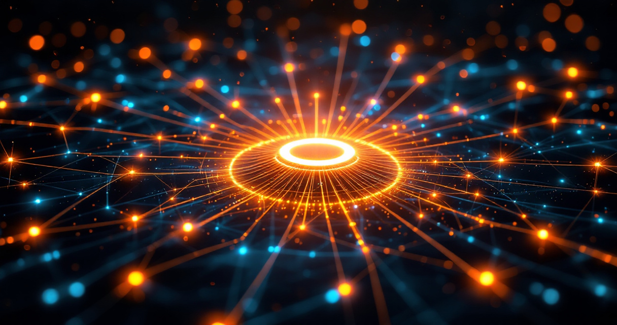 Glowing central authority node receiving trust signals from a network of connected websites