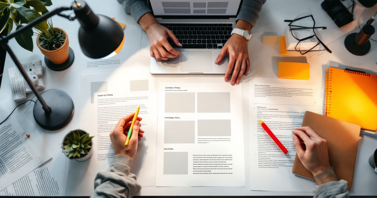 Hands organizing article structure and trust signals for better featured snippet eligibility