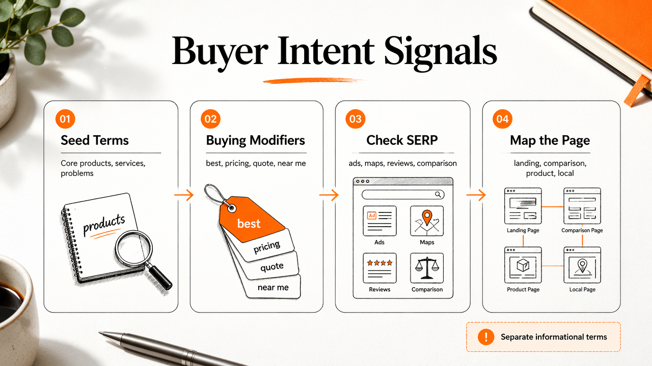 Infographic showing the workflow for identifying buyer intent keywords from seed terms to page mapping.