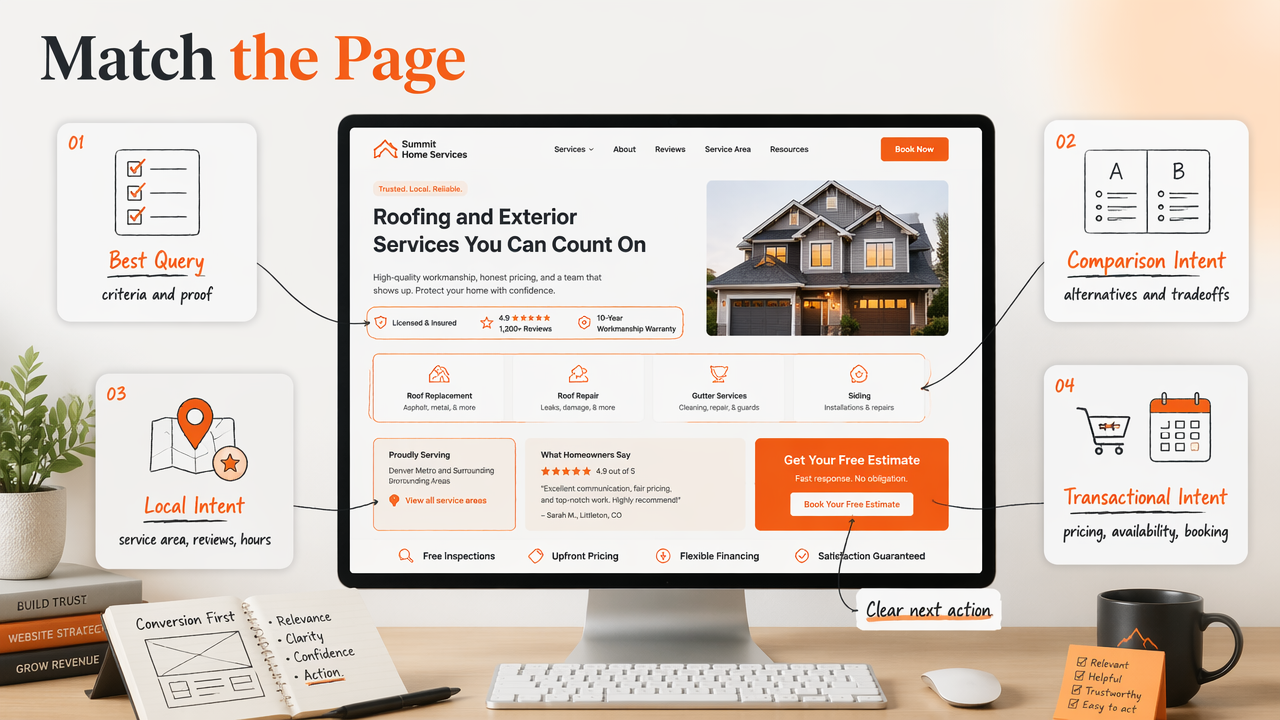 Annotated webpage diagram showing how to optimize pages for comparison, local, best, and transactional intent.