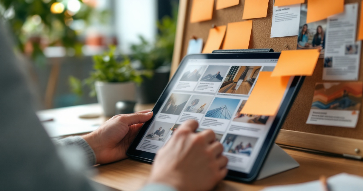 Editor reviewing visual content trends and rising topic ideas at a desk