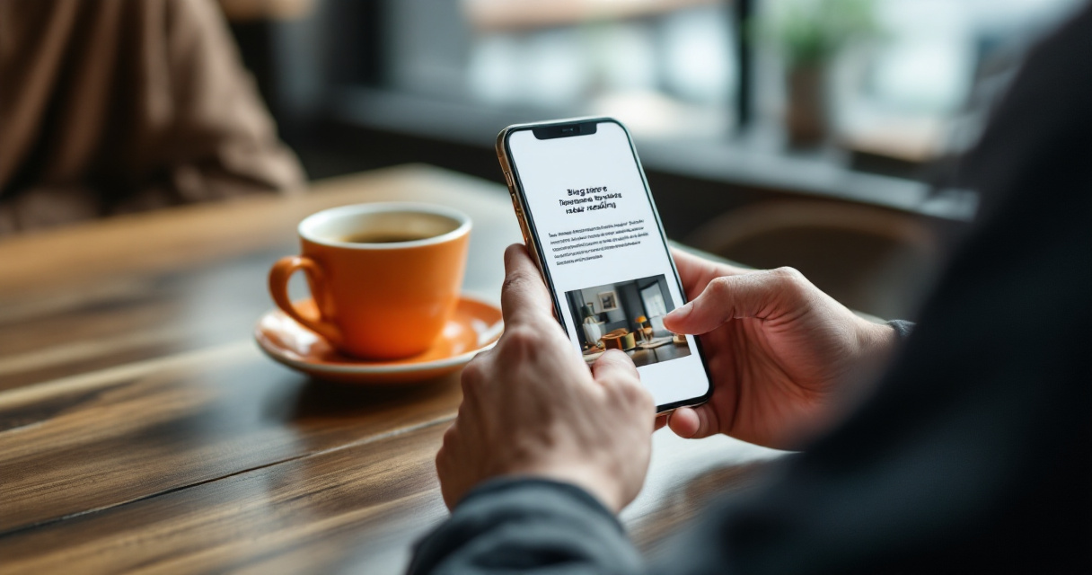 Person evaluating mobile blog reading experience on a smartphone in a cafe