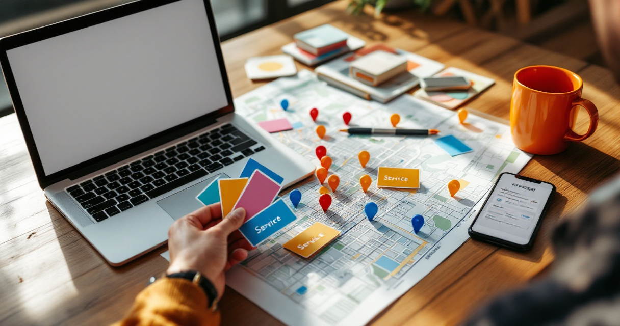 Over-the-shoulder local SEO planning desk with map, service cards, and orange mug