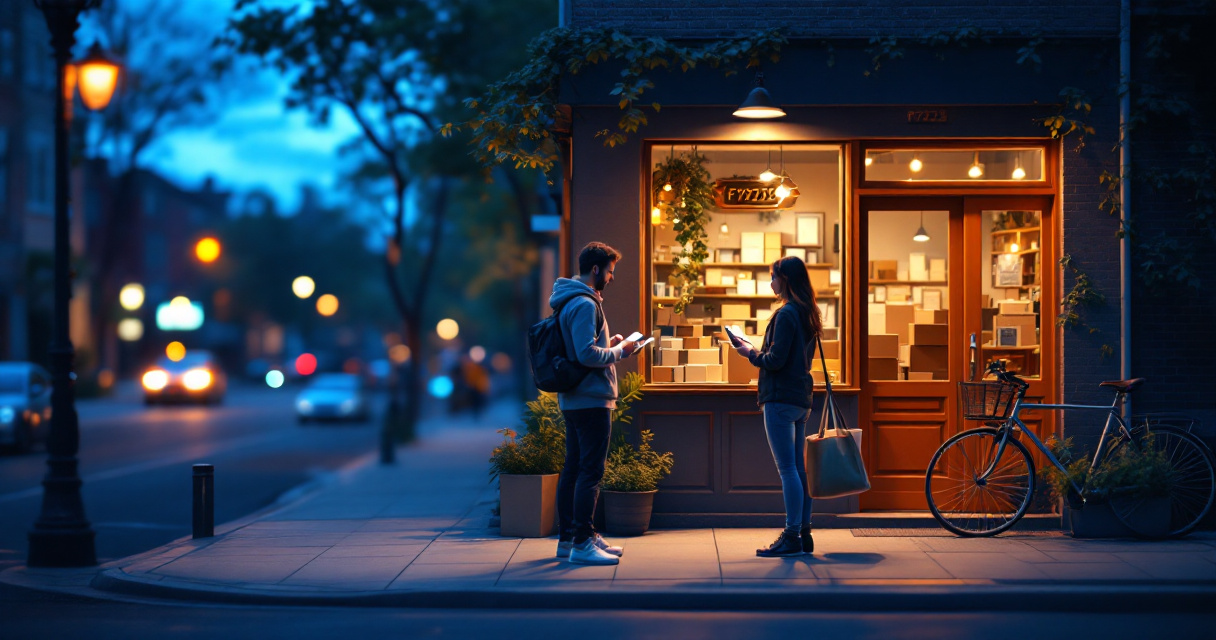 Neighborhood storefront scene showing off-Google local trust signals and community engagement