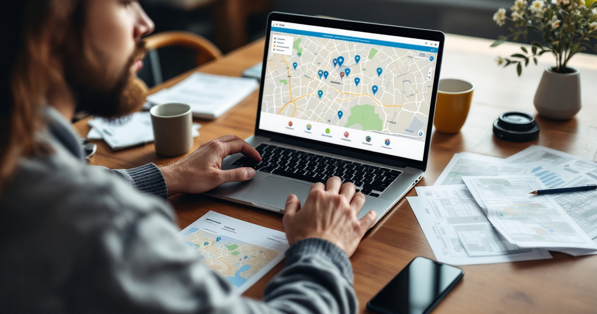Over-the-shoulder local SEO planning desk with map, laptop, and orange mug